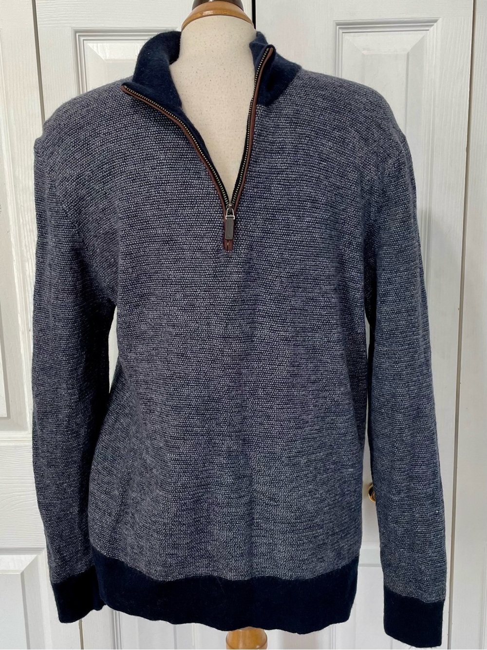UNTUCKit Men's Heathered Navy and Grey Extra Fine Merino Wool Zip Pullover